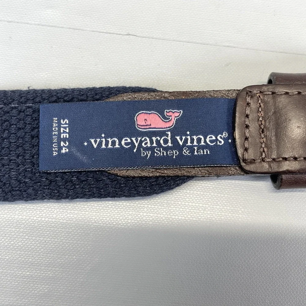Vineyard Vines Ribbon Belt Kids Youth Size 24 Blue Whale Print Leather Brass USA